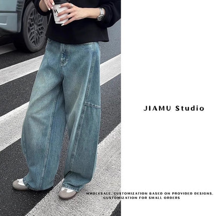 JIAMU American Style Retro Blue Two-Tone Baggy Wide Leg Unisex Jeans Unisex Loose Slimming Profile Banana