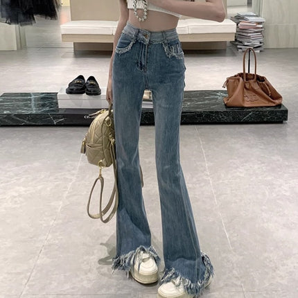 light blue Fringed Weiling Jeans Women's Trendy All-match New High Waist plus size Slim-fit Slim-fit Elastic Slim-fit Wide-leg Pants