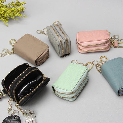 Foreign trade leather key bag matte big Li grain double zipper first layer cowhide car key bag universal key bag