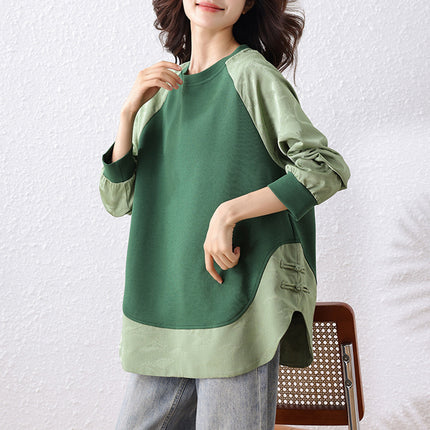 Real Shot of Green New Chinoiserie Jacquard Thin Sweatshirt for Women Spring and Autum Loose Large Size Fat mm Women's Splicing Top