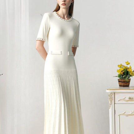 European and American Women's Fashion Summer New Elegant Long Dress French Style Socialite Heavy-Duty Pearl Embellished Mid-Length Short-Sleeve Knit Dress