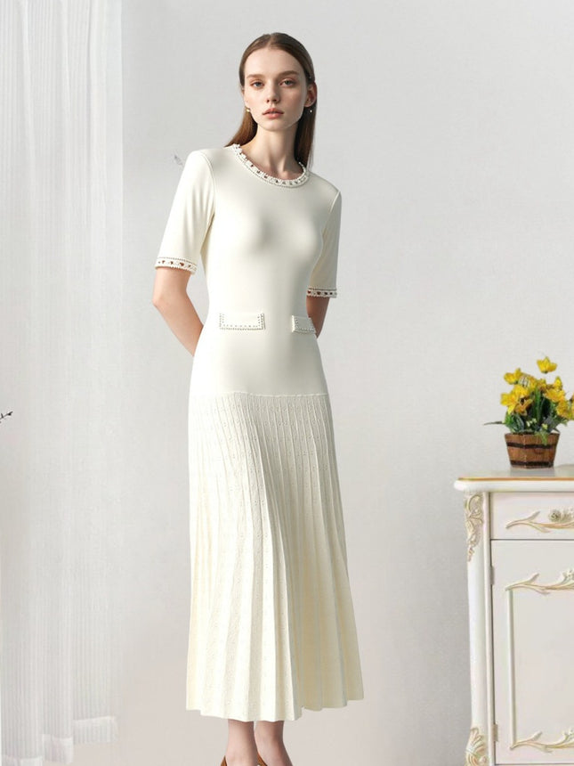 European and American Women's Fashion Summer New Elegant Long Dress French Style Socialite Heavy-Duty Pearl Embellished Mid-Length Short-Sleeve Knit Dress