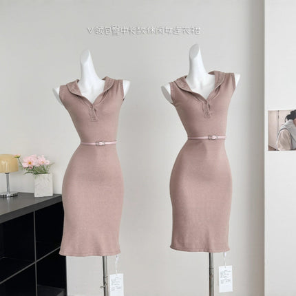 Ms. Du's Gentle Self-Awareness*Original Elegant Work Clothing Waist V-Neck Hip-Covering Mid-Length Casual Women's Dress