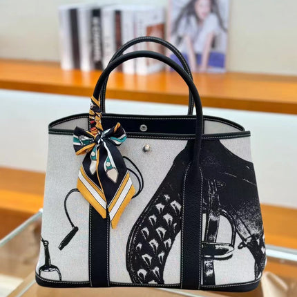 2025 New Canvas Top Layer Cowhide Women's Bag Garden Handbag Large Capacity Genuine Leather Contrast Shoulder Tote Bag