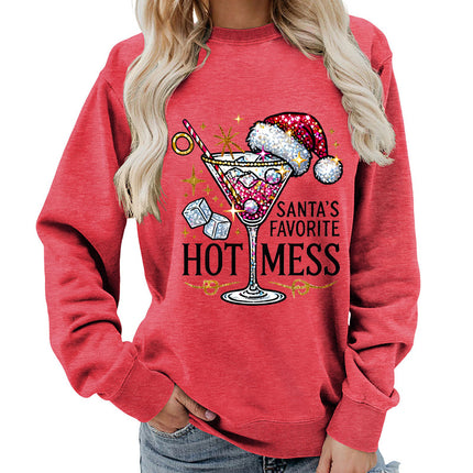 Amazon source hot mess wine glass printed round neck jacket sweater European size European and American women's coat long sleeve Asia