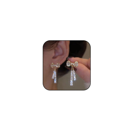 Tassel Earrings 2024 New Fashionable Rhinestone Bow Earrings High-end Temperament Light Luxury Niche Earrings Earrings