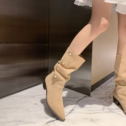 One-Shoe Two-Wear Retro Western Cowboy Boots Pointed Sleeve Boots Women's Thick Heel Fashionable Mid-Heel Boots Heap Boots