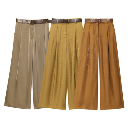 Z Foreign Trade Cross-Border Old Money Style Women's Clothing 2025 New Ins-Style Wide-Leg Pants with Belt, Silk Satin Casual Long Trousers