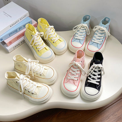 Summer Breathable High-top Canvas Shoes for Students Women's Thick-soled Elevated White Sneakers Lightweight Mango Big Head Casual Single-layer Shoes