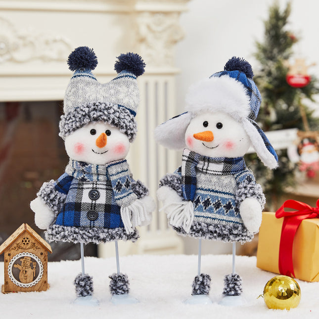 Cross Border Christmas Decorations Ski Snowman Doll Desktop Doll Blue Gauge Fabric Christmas Iron Feet Snowman Ornaments