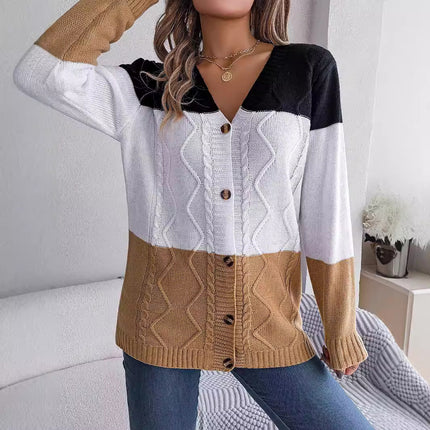 Big Sale Real Shot Autumn and Winter Casual Contrasting Color Button Long-Sleeved Sweater Cardigan Jacket Independent Station Cross-Border Women's Clothing