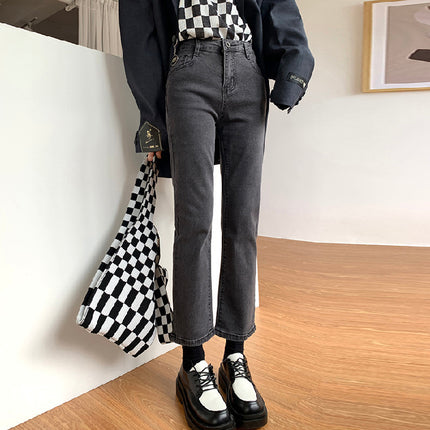 Beige Pants Pear-Shaped Body Hip-Covering Apricot Women's Short Straight Pipe Off-White Cropped Jeans