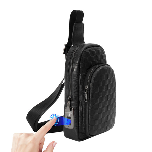 Fingerprint Lock Chest Bag for Men, Fashionable High-End Genuine Leather Crossbody Bag, Large Capacity Smart Anti-Theft Fingerprint Unlock Shoulder Bag