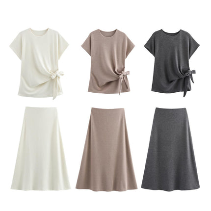 Foreign trade autumn and winter new European and American style knot decoration soft short sleeve top 0858673 Midi skirt 0858674