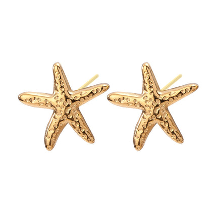 Cross-Border European and American Real Gold Electroplated Titanium Steel Starfish and Turtle Earrings, Non-Allergenic, Fashionable Holiday Style Marine Animal Earrings