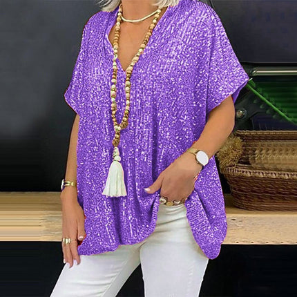 2025 New European and American Amazon Short-Sleeved Urban Casual Color Loose Pullover Sequined V Neck T-Shirt Tops for Women
