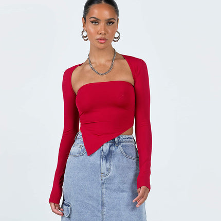 M23Tp004 European and American Style Women's Spring New Solid Color Long-Sleeve Shawl Off-Shoulder Bustier Crop Top Wholesale