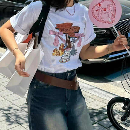 in stock 24 New South Korea Designer Trendy Brand 24 Summer Loose Loose Cute Puppy Short Sleeve Printed T-Shirt Loose Women's Top