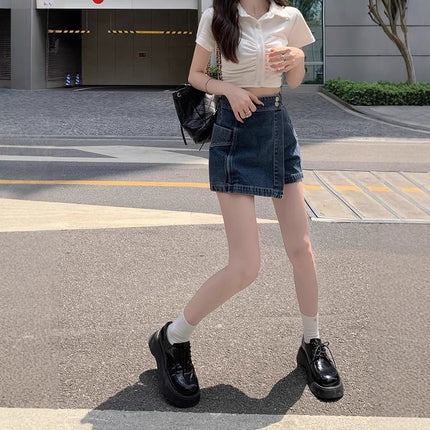 Plus Size Fat mm High Waist Asymmetrical Denim Shorts Women's Spring New Pear-Shaped Figure Design A-Line Skirt Pants