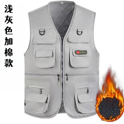 Men's Vest for Spring and Autumn, Padded for Middle-Aged and Elderly Men, Multi-Pocket Vest, Outdoor Fishing Casual Wear, Dad's Vest