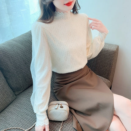 Half-turtleneck Thickened Brushed Base Shirt Women's Autumn and Winter New Styliky Inner Slimming Bubble Long-sleeved fleece-lined Lace Shirt