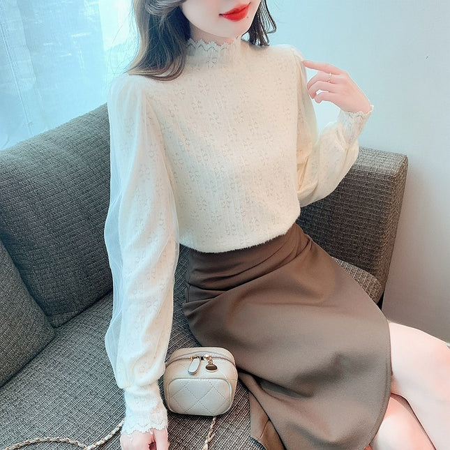 Half-turtleneck Thickened Brushed Base Shirt Women's Autumn and Winter New Styliky Inner Slimming Bubble Long-sleeved fleece-lined Lace Shirt