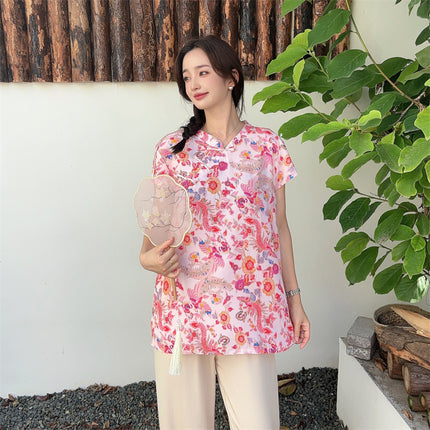 Chinese-Style Button Cotton Silk T-Shirt for Women, Summer Thin Large-Size Rayon V-Neck Pullover Printed Top, National Trend