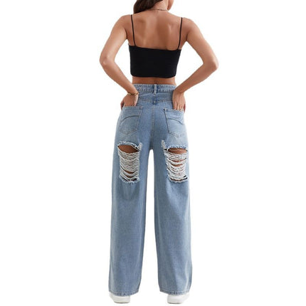 New TEMU Explosive Light Color Jeans Women's Ripped Wide Leg Straight Pants High Waist light blue Pants for Women