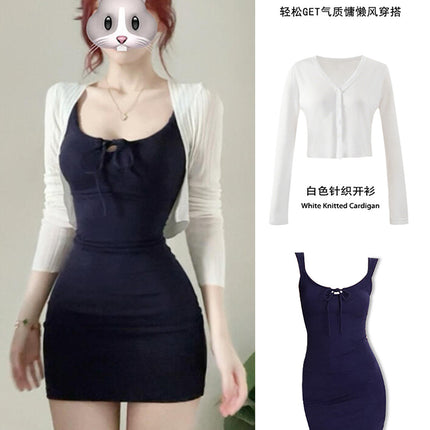 Two-Piece Set with Camisole Dress and Cardigan for Petite Women, Stepmother Style, Pure and Sensual, Sexy Bodycon Short Dress for Summer