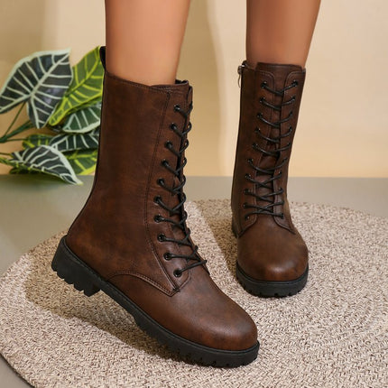 2025 Spring New Style Medium Heel Thick Heel Retro Large Size Cross-Border Mid-Calf Boots for Women Foreign Trade Round Toe Side Zipper Women's Boots