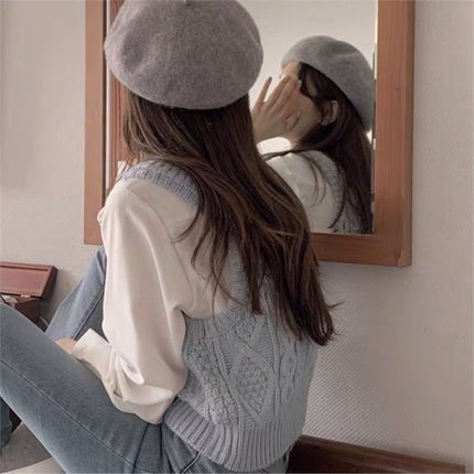 Autumn 2024 Short Japanese Twist Knitted Vest Long-sleeved Shirt Stacked on Instagram Style Two-piece Set