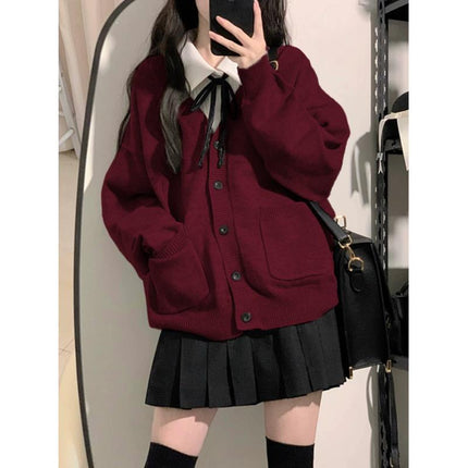 Maillard wine red knitted cardigan soft sister Japanese autumn and winter 2024 new explosions coat Korean college style suit