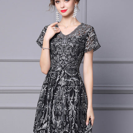 Zhili V-Neck Dress 2026 Summer New High-End Heavy-Duty Silver Thread Embroidery Pear-Shaped Figure A-Line Dress