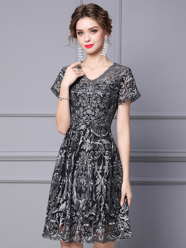 Zhili V-Neck Dress 2026 Summer New High-End Heavy-Duty Silver Thread Embroidery Pear-Shaped Figure A-Line Dress