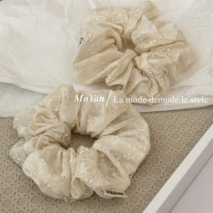Artistic Retro Cotton Lace Embroidered Large Intestine Hair Ring Hand-made High-grade Beige Hair Rope Head Flower Elegant Tie Rope