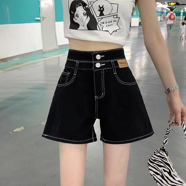 2025 New Black Hole Denim Shorts Women's Summer Students Loose Straight Scrub High Waist Slim A- Shed Hot Pants