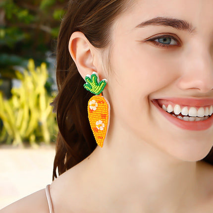 Easter Retro Style Creative Accessories Carrot Earrings High-End Green Leaf Rice Beads Sequin Hand-Woven Earrings