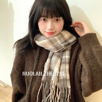 New Maillard Cashmere Plaid Scarf Women's Autumn and Winter Thickened Warm Shawl Dual-purpose Solid Color Student Scarf