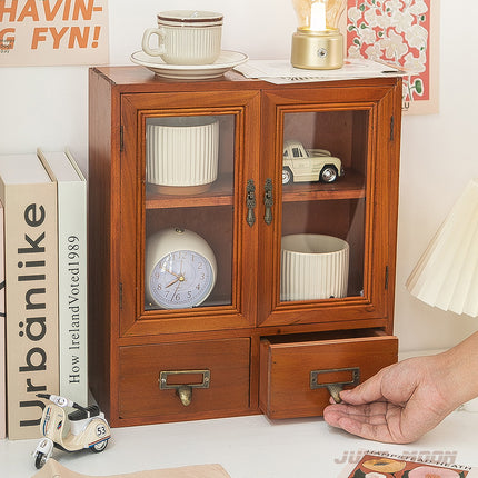 Desktop Storage Box Blind Box Storage Wooden Glass Drawer-Style Vintage Solid Wood Zakka Cosmetic Cabinet Multi-Layer