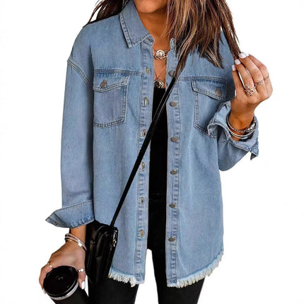 Cross-border New Washed Denim Shirt Jacket 2024 European and American Women's Autumn and Winter Distinctive Street Style Edge Hem Jacket
