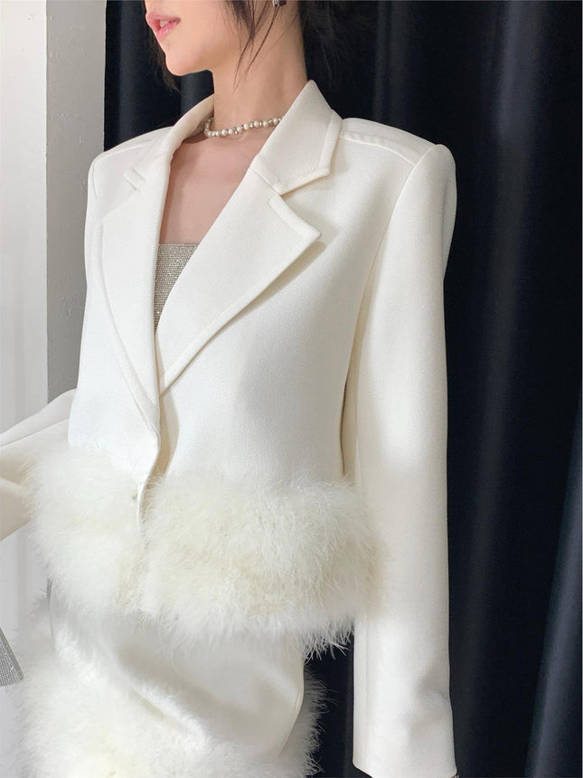 European and American Niche Design, Chanel-Style Single-Breasted Blazer with High-Waisted Fur-Trimmed Hem Skirt Set for Women