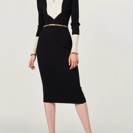Contrast Color Polo Collar Long-Sleeved Knitted Dress Women's 2025 Autumn and Winter New Hepburn Style Slim Long Skirt