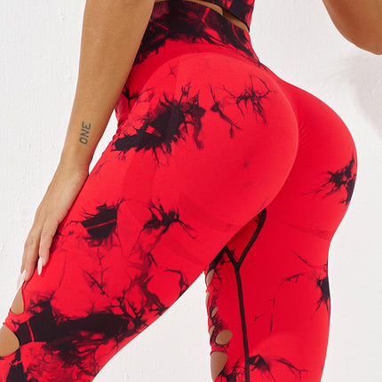 European and American Tie-Dye Hole Yoga Pants Sexy Hip Hollow Sports Tight Pants Women's High Waist Peach Hip Yoga Pants