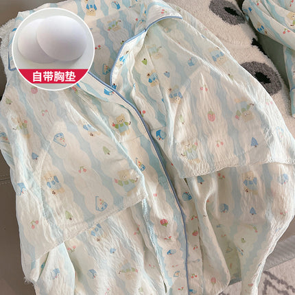 Source Factory New Spring and Autumn Popular Cloud Cotton Sweet Pajamas with Fixed Chest Pads, Long Sleeves and Long Pants Loungewear Set
