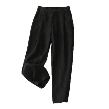 Real shot 202 summer new cropped plus size casual solid color linen leggings women's high waist slim Harlan pants