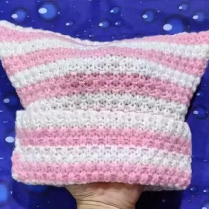 New Cross-border Foreign Trade Striped Deviruchi Knitted Hat Autumn and Winter Ear Protection Warm Face Hair Ball Small Wool Hat
