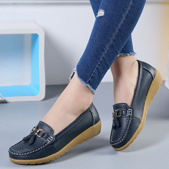 Summer Hollow New Leather Shoes for Middle-Aged and Elderly Mothers, Women's Single Shoes, Bean Shoes, Women's Soft-Soled Wedge-Heeled Clogs, Women's Shoes