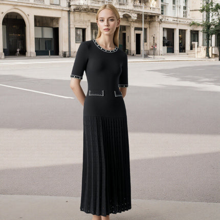European and American Women's Fashion Summer New Elegant Long Dress French Style Socialite Heavy-Duty Pearl Embellished Mid-Length Short-Sleeve Knit Dress