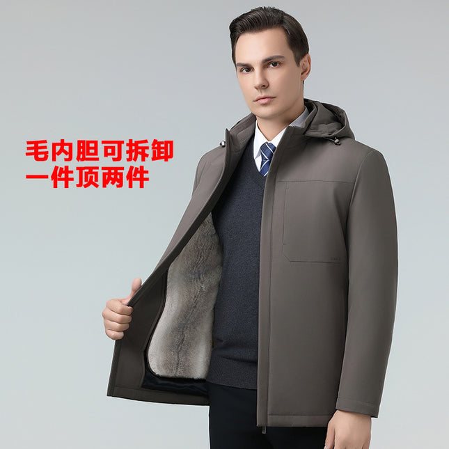 2024 New Winter Style Middle-Aged and Elderly Men's Cotton Outwear Fleece-Lined Thickeneded Casual Hooded Removable Mink Velvet Liner Thick Outwear