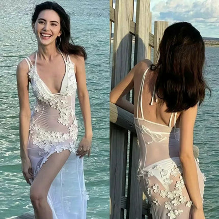 Pure Lust Style Moonlight Beauty White Three-Point Bikini Split Swimsuit with Stereo Flower Lace Fairy Dress